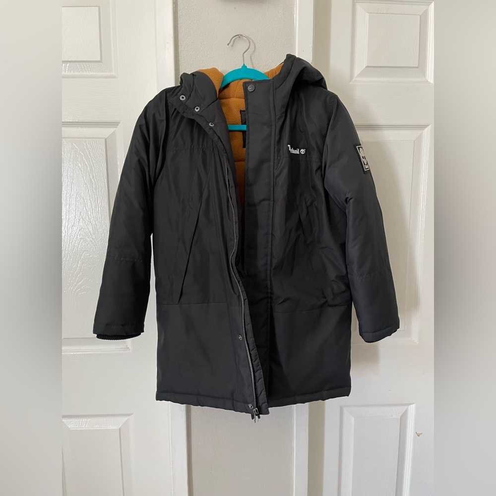 Timberland Kids Black Hooded Raincoat with Mustard Lining 10-12